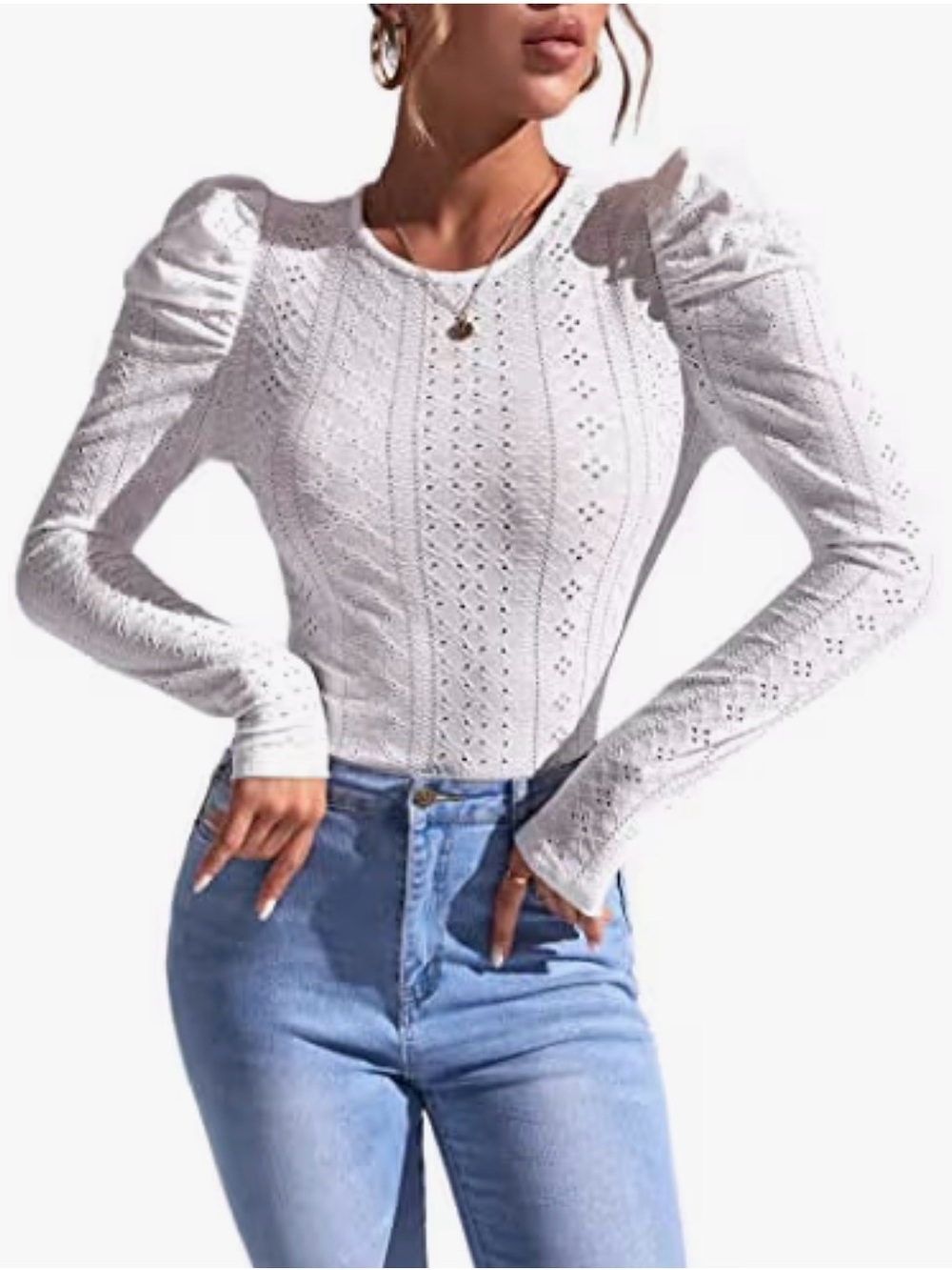 Zoyami Womens Long Sleeve Crochet Top Puff Sleeve